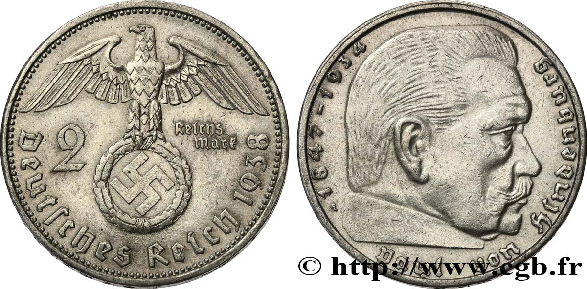 GERMANY 2 Reichsmark swastika 1938 Berlin AU 