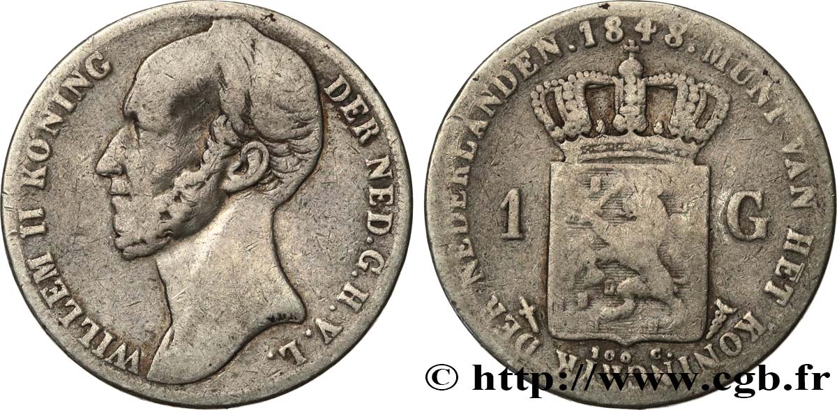 PAíSES BAJOS 1 Gulden Guillaume II 1848 Utrecht BC+ 