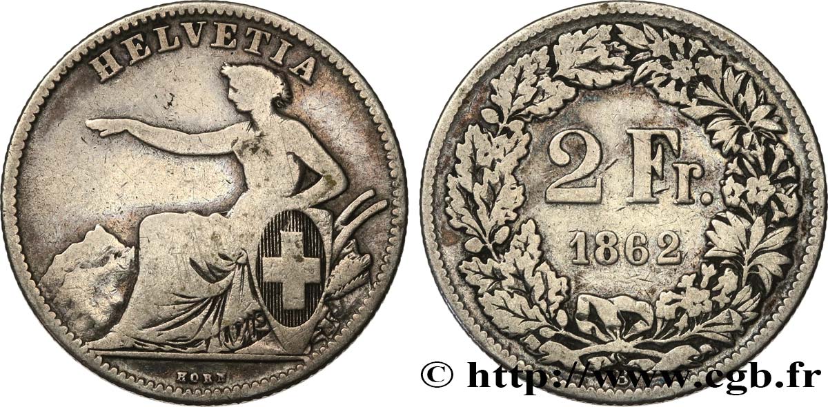SVIZZERA  2 Francs Helvetia 1862 Berne MB 