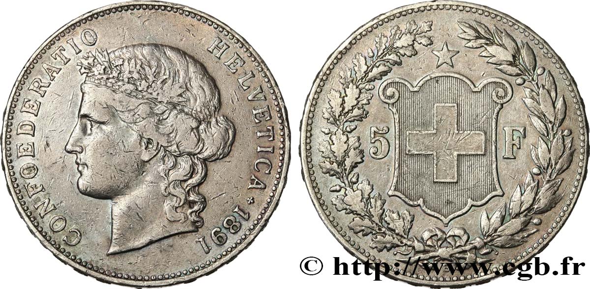 SUISSE 5 Francs Helvetia buste 1891 Berne TB+/TTB 