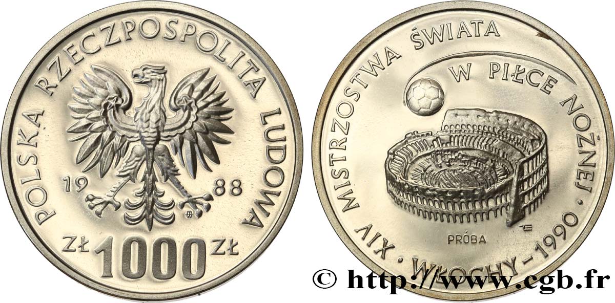 POLEN 1000 Zlotych Proba Proof Coupe du Monde de football Italie 1988 1988 Varsovie fST 