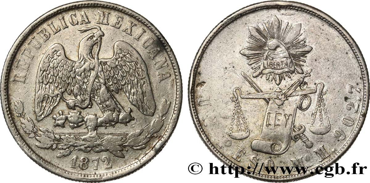 MÉXICO 1 Peso aigle 1872 Mexico MBC 