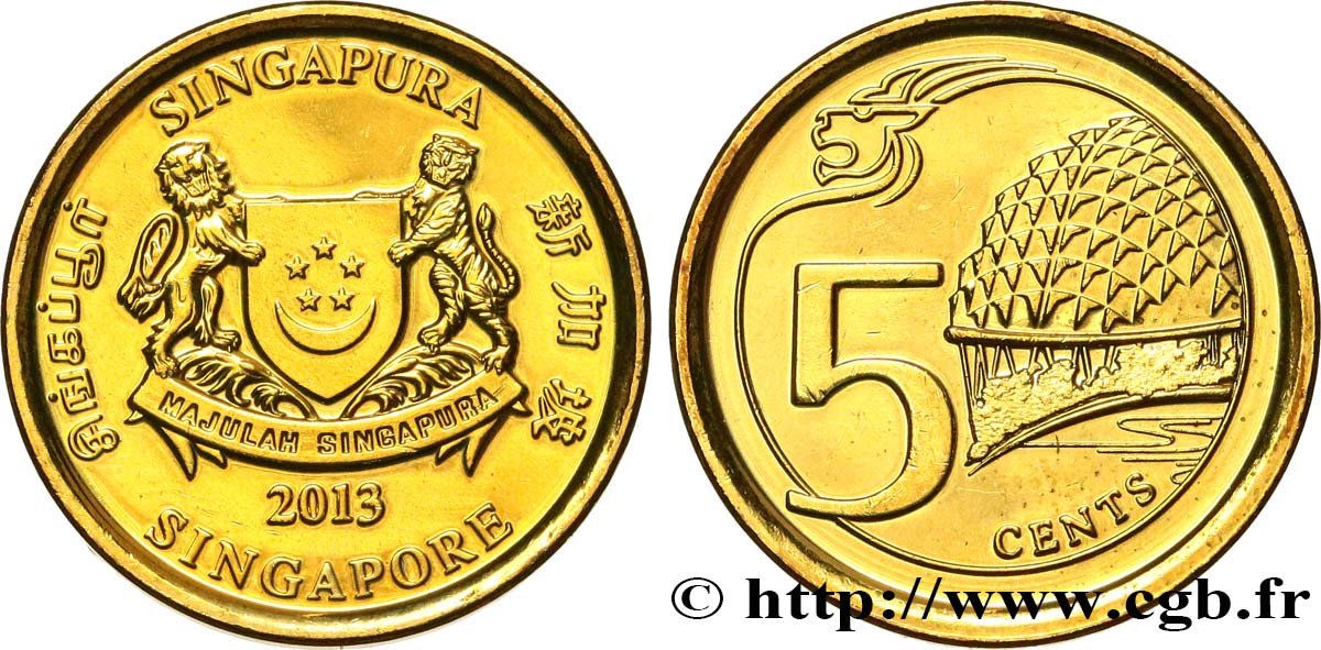 SINGAPORE 5 Cents armes de Singapour / esplanade des théâtres 2013  MS 