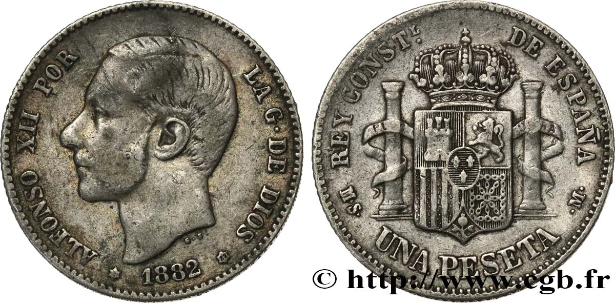 SPAIN 1 Peseta Alphonse XII 1882  VF 
