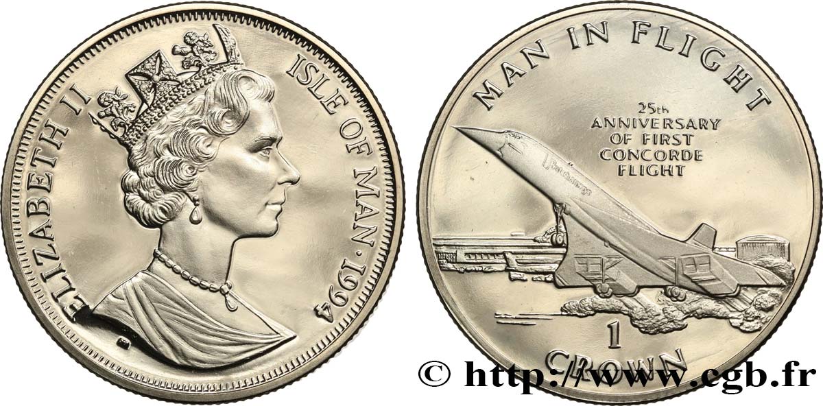 ISLE OF MAN 1 Crown Proof 25 anniversaire vol du 1er Concorde 1994 Pobjoy Mint MS 