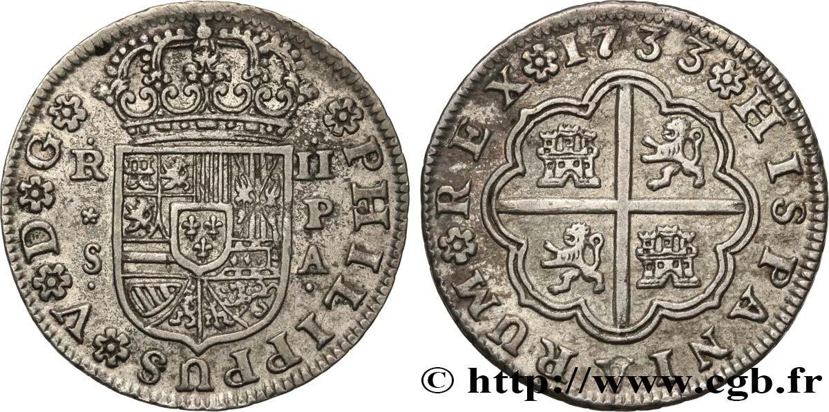 ESPAÑA 2 Reales Philippe V 1733 Séville MBC 