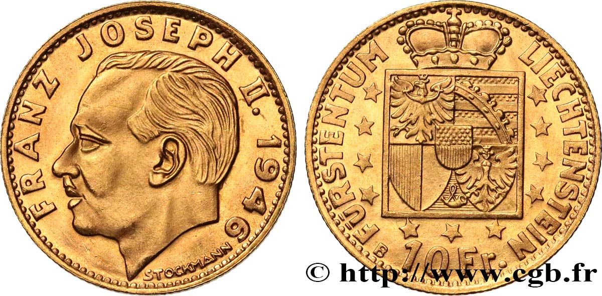 LIECHTENSTEIN - PRINCIPALITY OF LIECHTENSTEIN - FRANCIS JOSEPH II 10 Franken 1946 Berne MS 