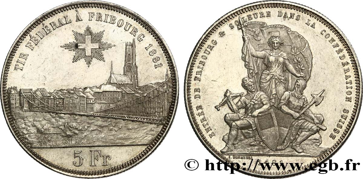 SUISSE 5 Francs, monnaie de Tir, Fribourg 1881  TTB+ 