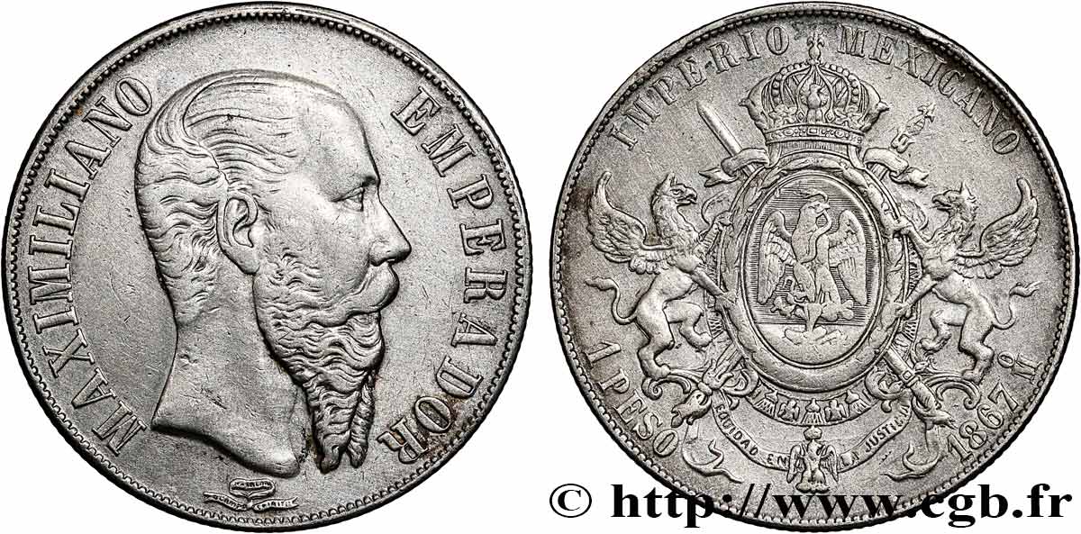 MEXIQUE - MAXIMILIEN Ier 1 Peso 1867 Mexico TB+ 