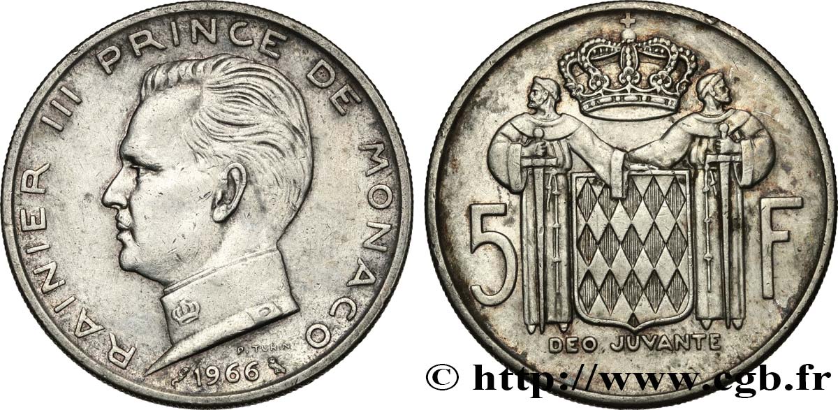 MONACO 5 Francs Prince Rainier III 1966 Paris XF 