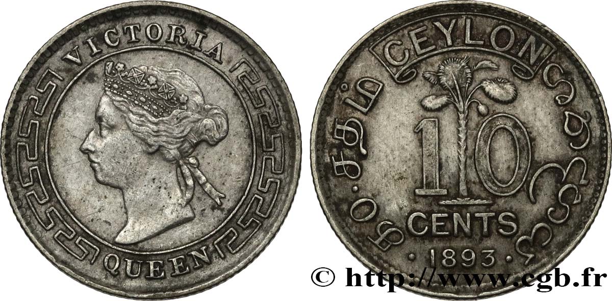 CEYLAN 10 Cents Victoria 1893  TTB+ 