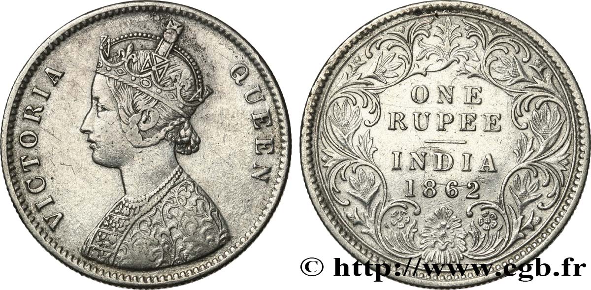 INDES BRITANNIQUES 1 Roupie Victoria 1862 Calcutta TB+ 