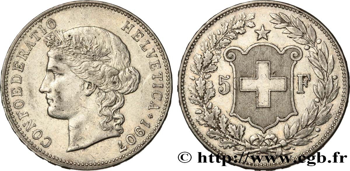SVIZZERA  5 Francs Helvetia 1907 Berne BB 