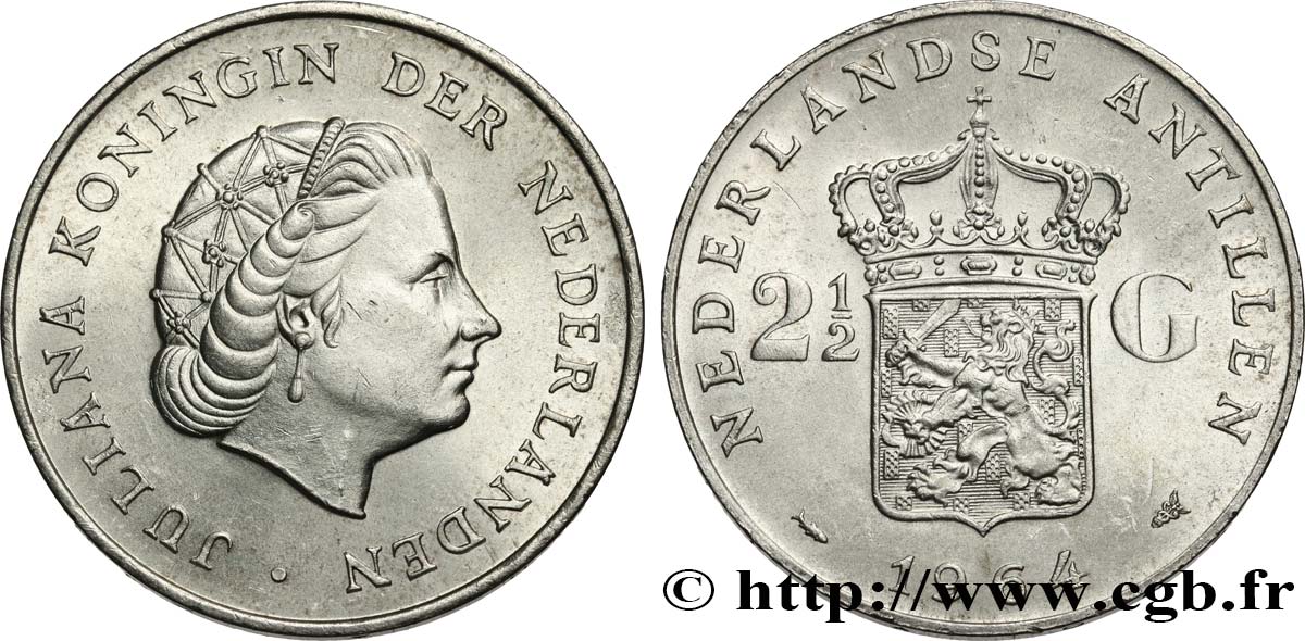 ANTILLES NÉERLANDAISES 2 1/2 Gulden reine Juliana 1964 Utrecht SPL 