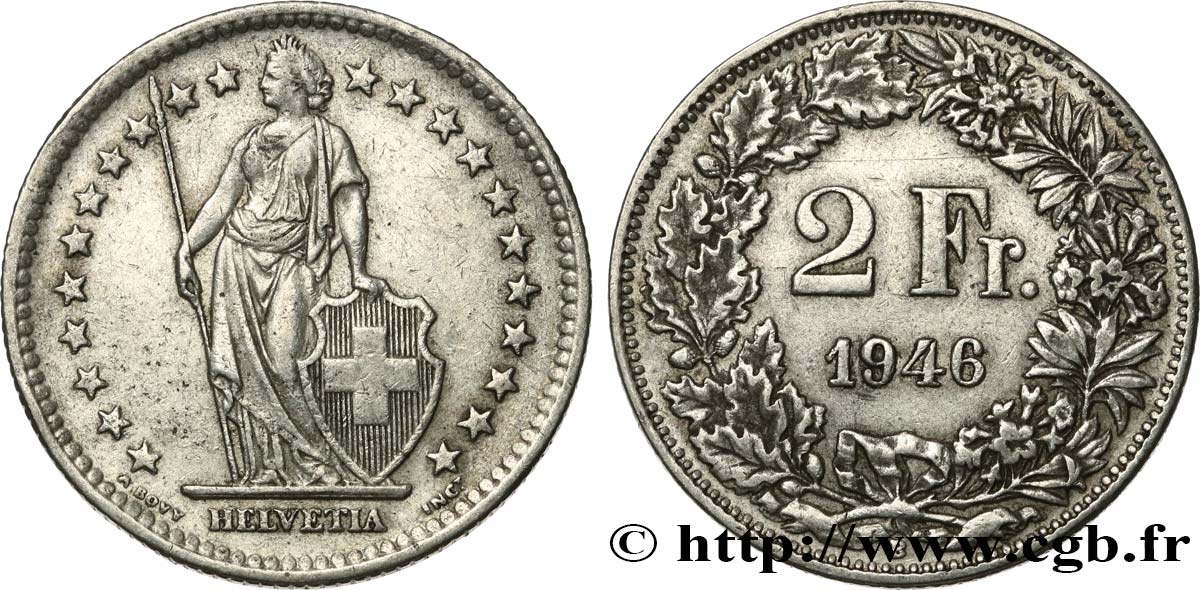 SUISSE 2 Francs Helvetia 1946 Berne TTB 