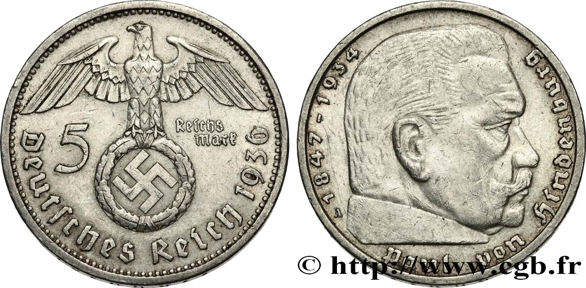 DEUTSCHLAND 5 Reichsmark Maréchal Paul von Hindenburg 1936 Berlin fVZ 