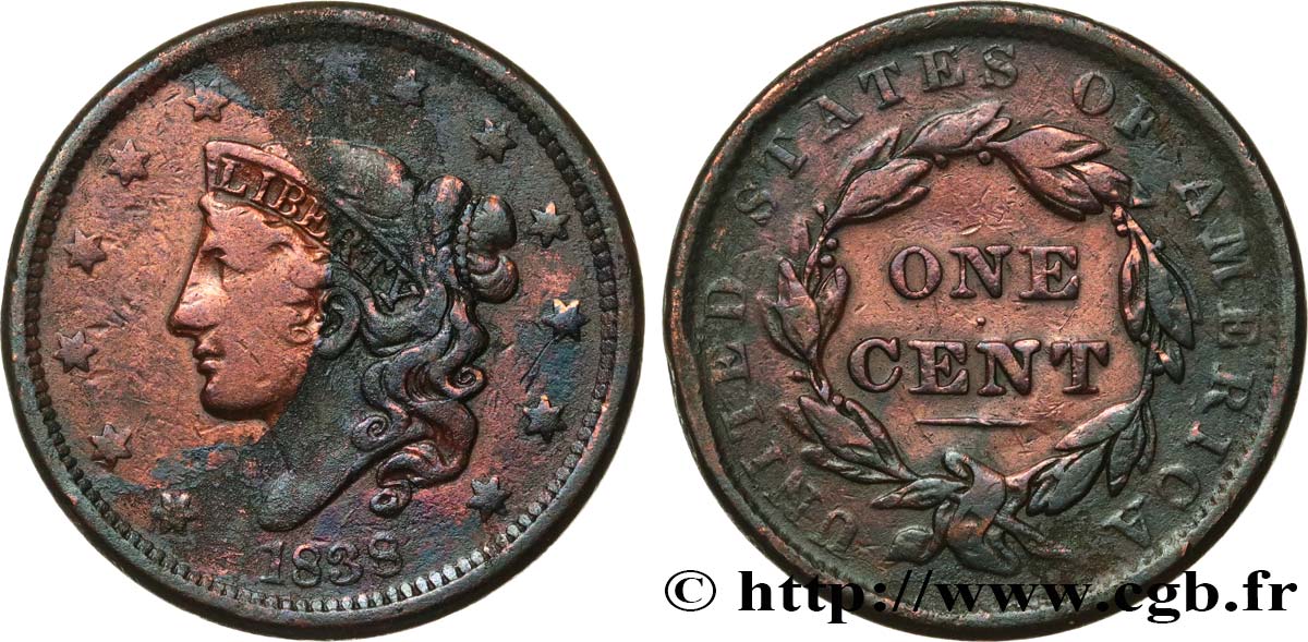 ÉTATS-UNIS D&nbsp;AMÉRIQUE 1 Cent Liberté “Matron Head” 1838 Philadelphie B+ 