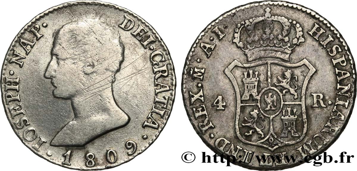 ESPAGNE - ROYAUME D ESPAGNE - JOSEPH NAPOLÉON 4 Reales 1809 Madrid TB+/TTB 