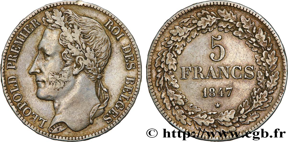 BELGIO 5 Francs Léopold Ier tête laurée 1847  q.SPL 