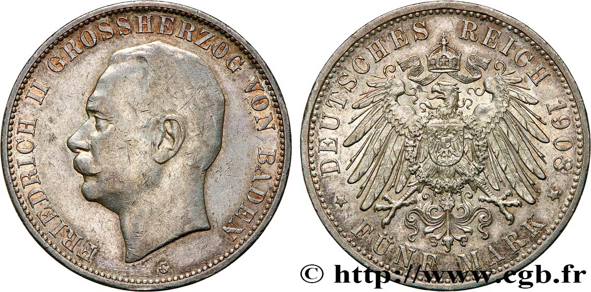 GERMANY - BADEN 5 Mark Frédéric II 1908 Karlsruhe AU 
