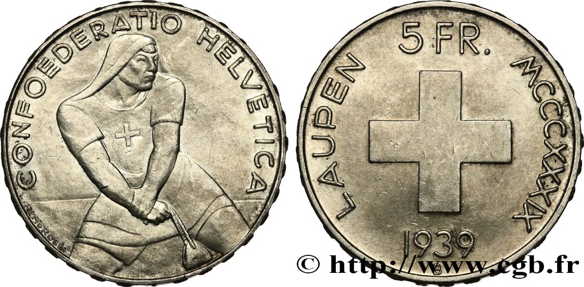 SCHWEIZ 5 Francs 600e anniversaire de la bataille de Laupen 1939 Berne VZ 