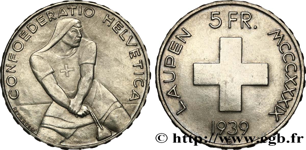 SVIZZERA  5 Francs 600e anniversaire de la bataille de Laupen 1939 Berne SPL 