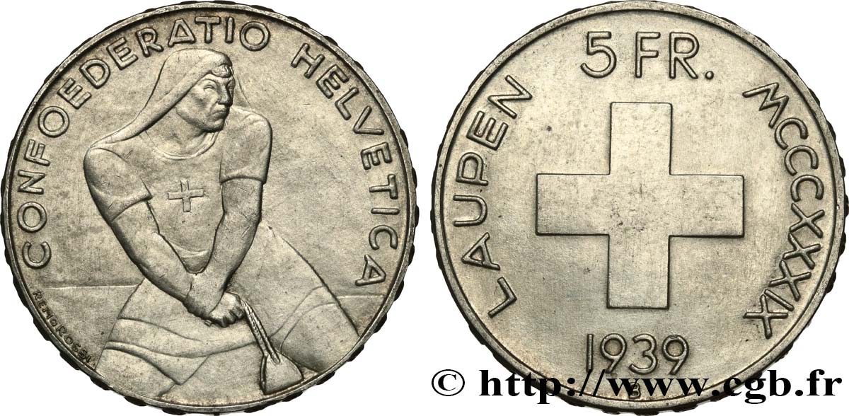 SWITZERLAND 5 Francs 600e anniversaire de la bataille de Laupen 1939 Berne AU 
