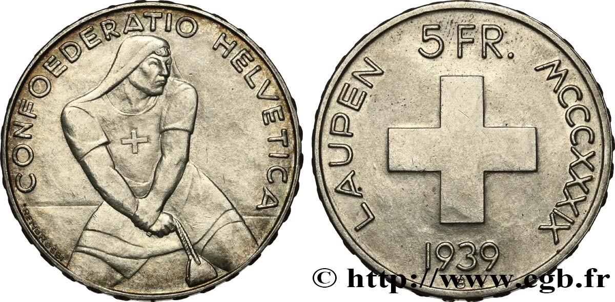 SWITZERLAND 5 Francs 600e anniversaire de la bataille de Laupen 1939 Berne AU 