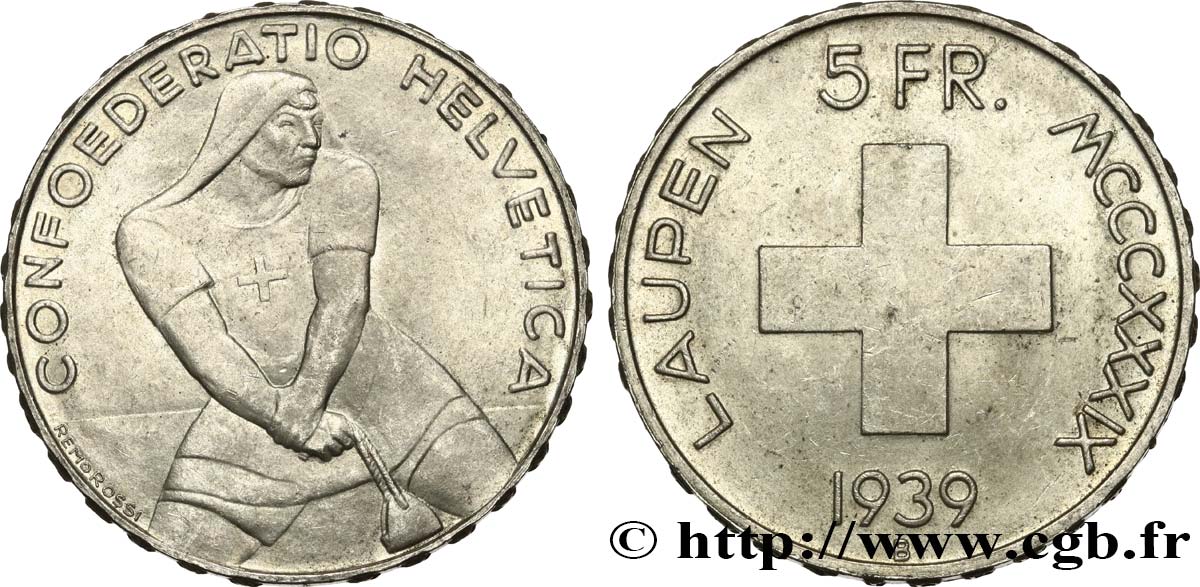 SVIZZERA  5 Francs 600e anniversaire de la bataille de Laupen 1939 Berne SPL 