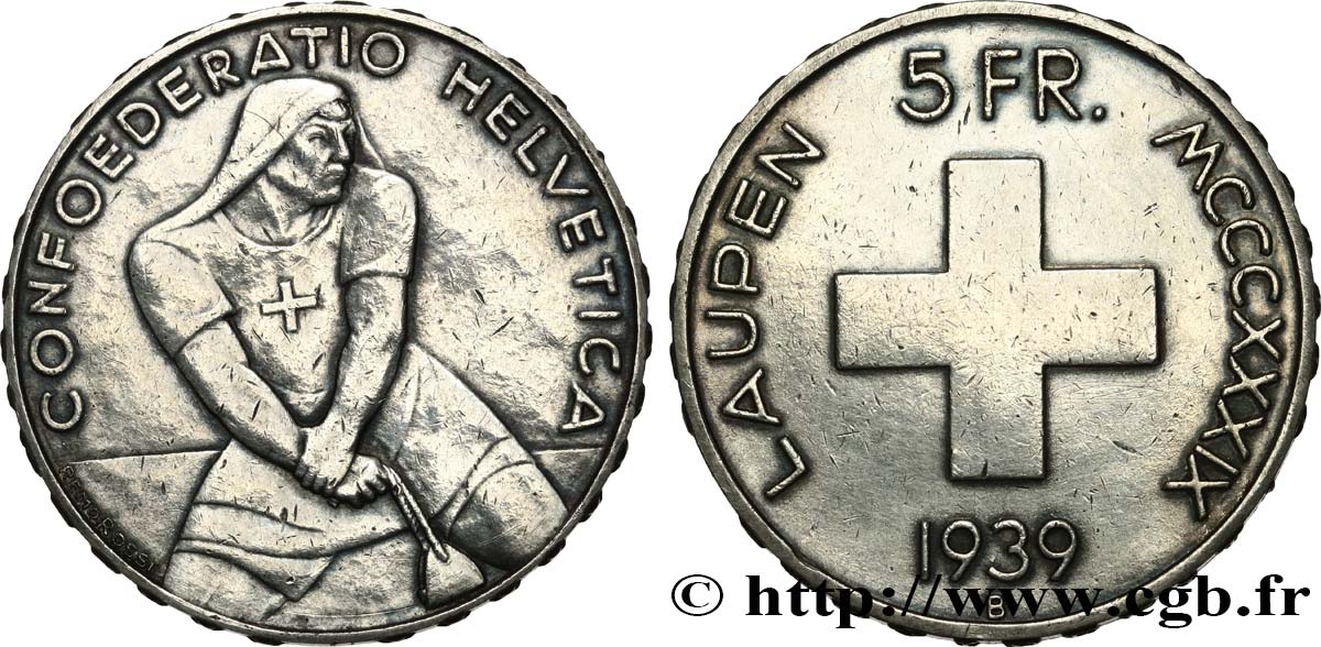 SWITZERLAND 5 Francs 600e anniversaire de la bataille de Laupen 1939 Berne XF 