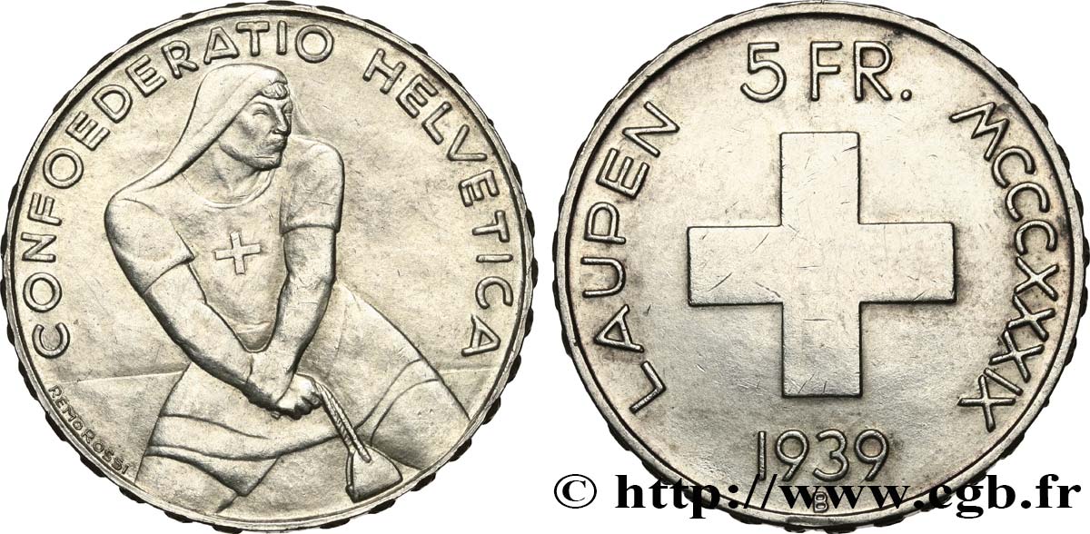 SUIZA 5 Francs 600e anniversaire de la bataille de Laupen 1939 Berne MBC+ 