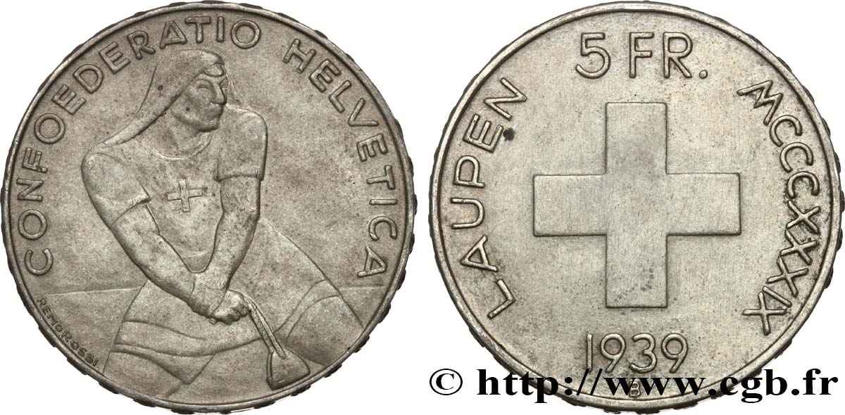 SWITZERLAND 5 Francs 600e anniversaire de la bataille de Laupen 1939 Berne AU 