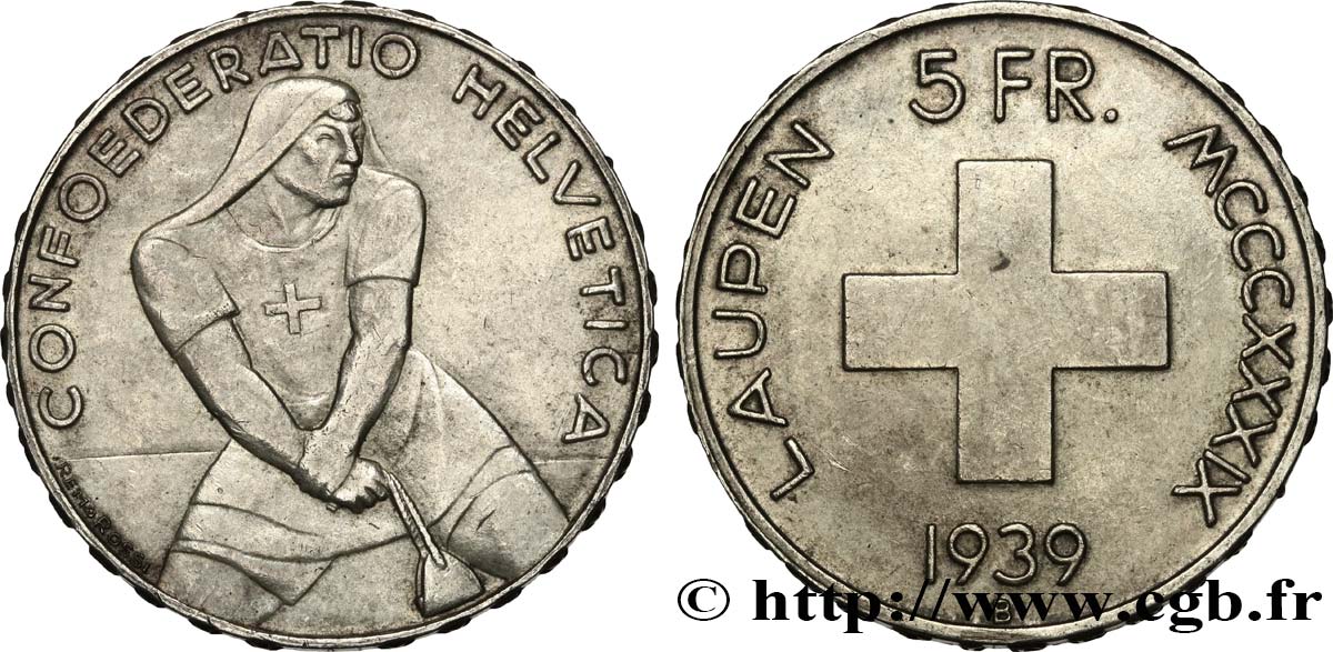 SVIZZERA  5 Francs 600e anniversaire de la bataille de Laupen 1939 Berne q.SPL 