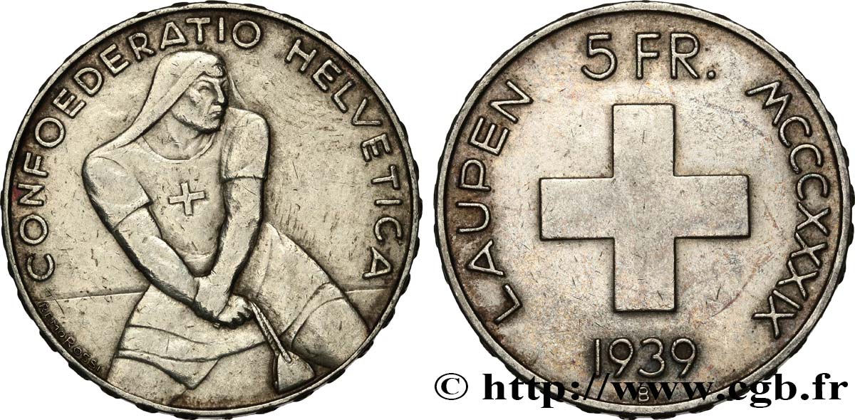 SWITZERLAND 5 Francs 600e anniversaire de la bataille de Laupen 1939 Berne XF 