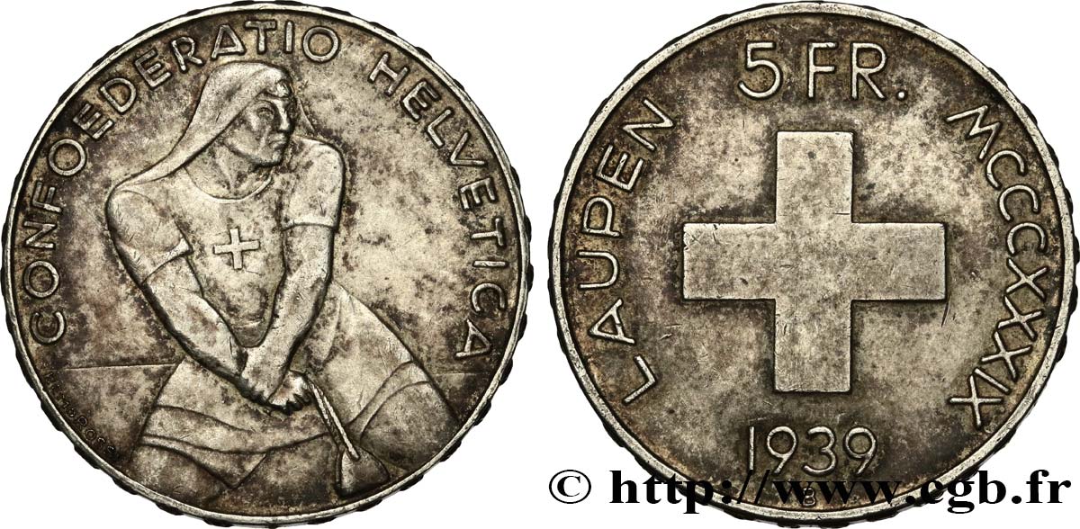 SUIZA 5 Francs 600e anniversaire de la bataille de Laupen 1939 Berne MBC 