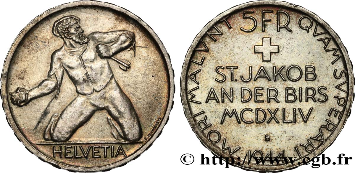 SUISSE 5 Francs 500e anniversaire de la Bataille de Saint-Jacques sur la Birse 1944 Berne SUP 