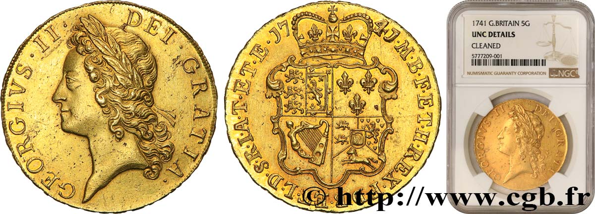 GRANDE-BRETAGNE - GEORGES II 5 Guinées 1741 Londres SPL NGC