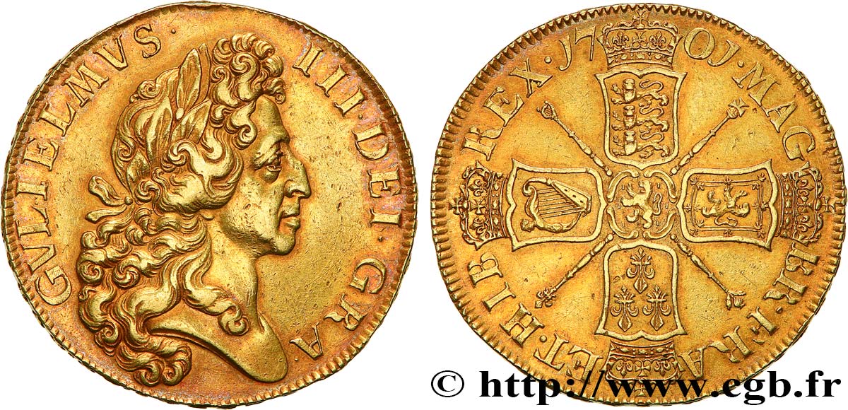 INGLATERRA - GUILLERMO III 5 Guinées 1701 Londres MBC+ 