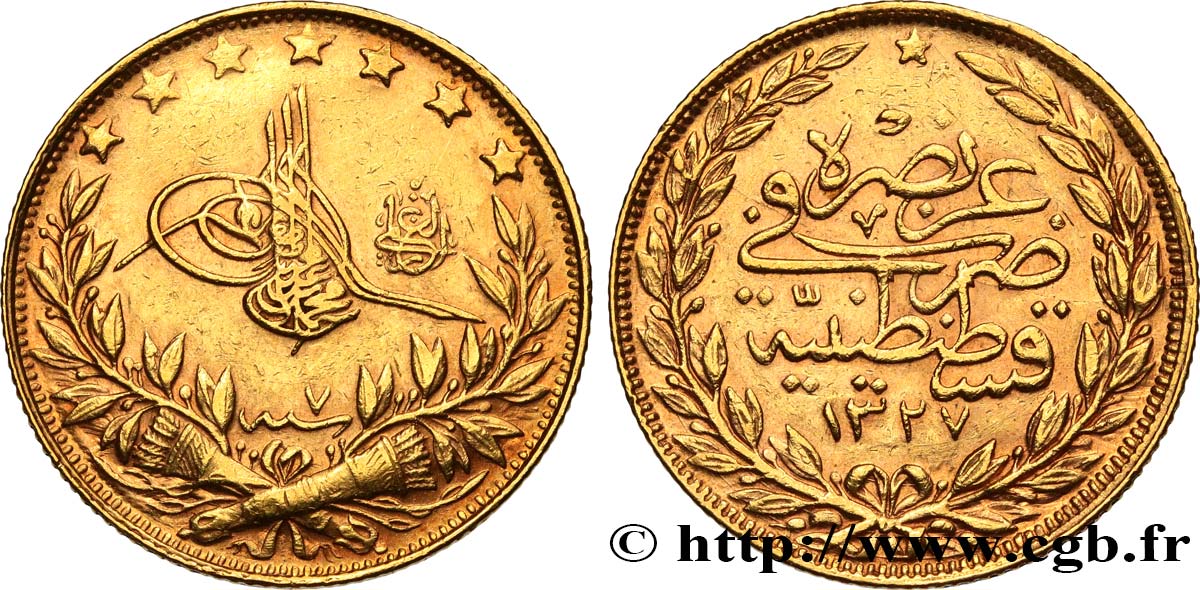 TURQUíA 100 Kurush Sultan Mohammed V Resat AH 1327 An 7 1915 Constantinople MBC+ 