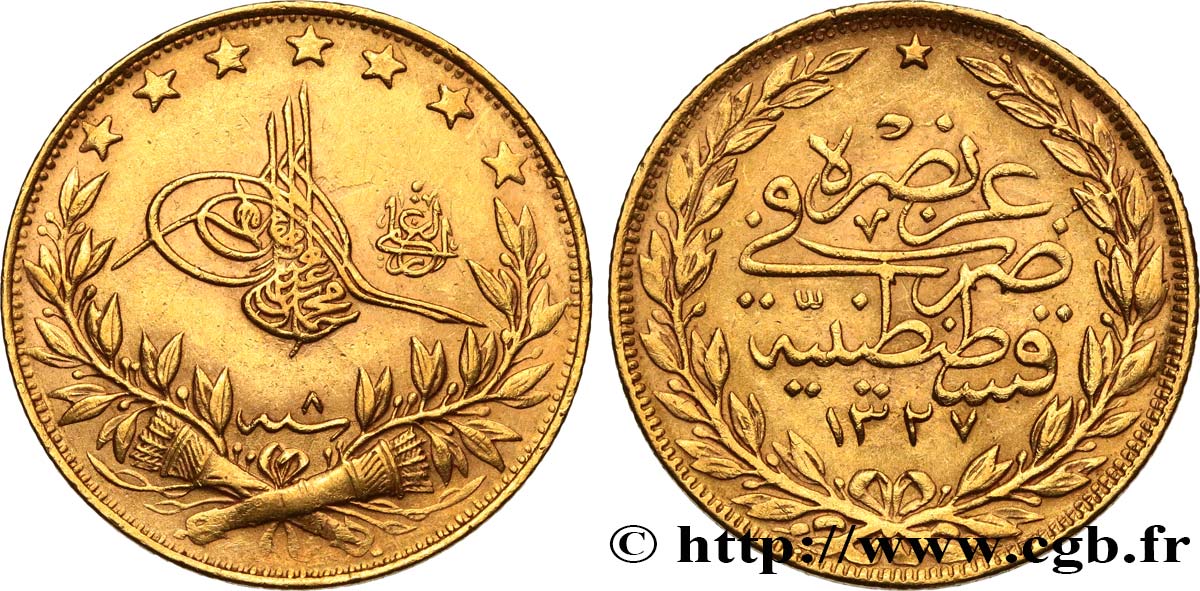 TURQUIE 100 Kurush Sultan Mohammed V AH 1327 An 8 1916 Constantinople TTB+ 