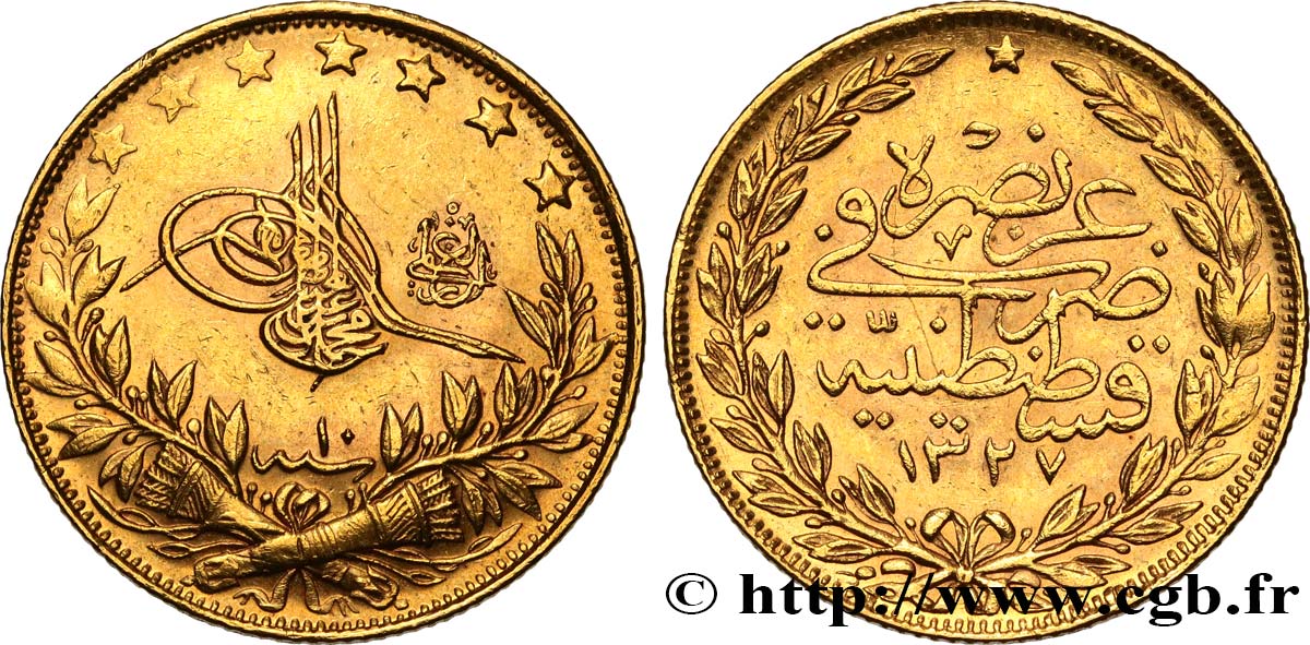 TURQUíA 100 Kurush Sultan Mohammed V Resat AH 1327 An 10 1918 Constantinople MBC+ 