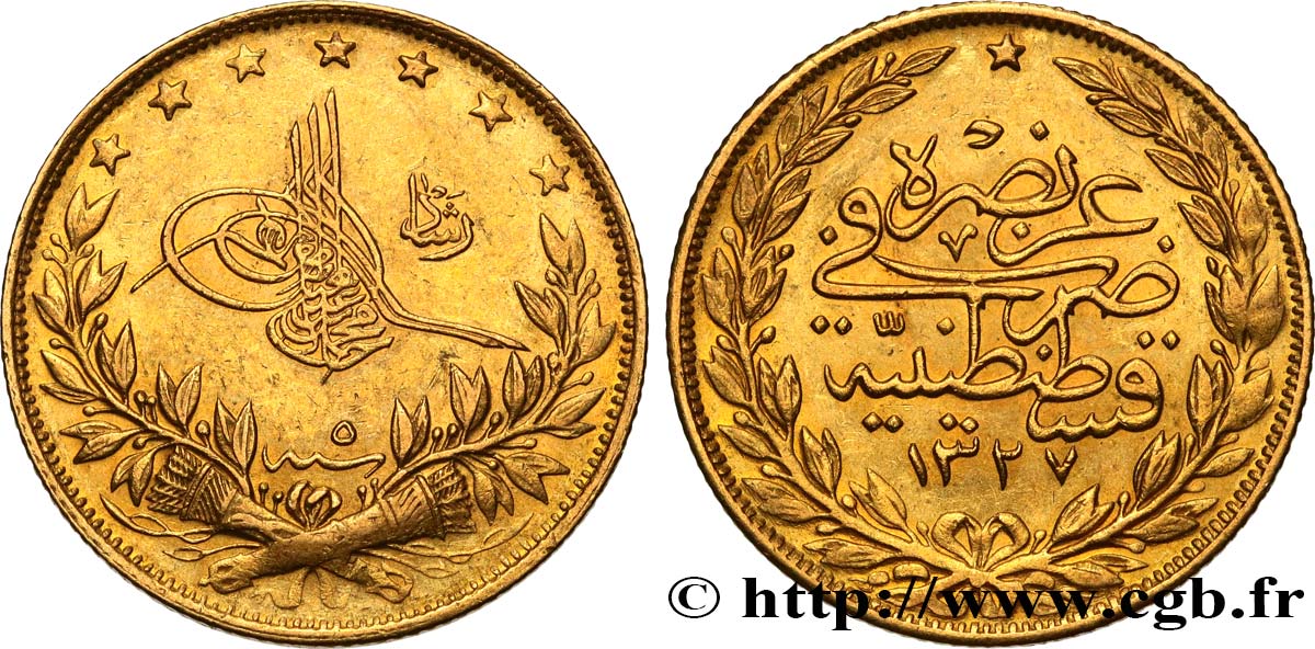 TÜRKEI 100 Kurush or Sultan Mohammed V Resat AH 1327 An 5 1913 Constantinople fVZ 