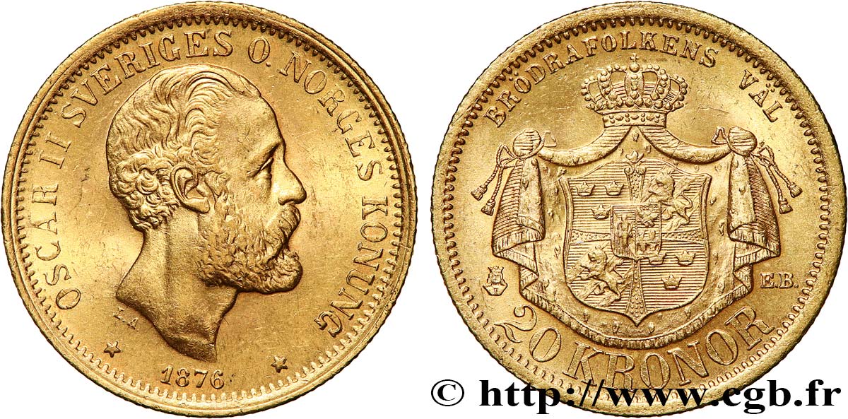 SUÈDE 20 Kronor Oscar II 1876  SPL 