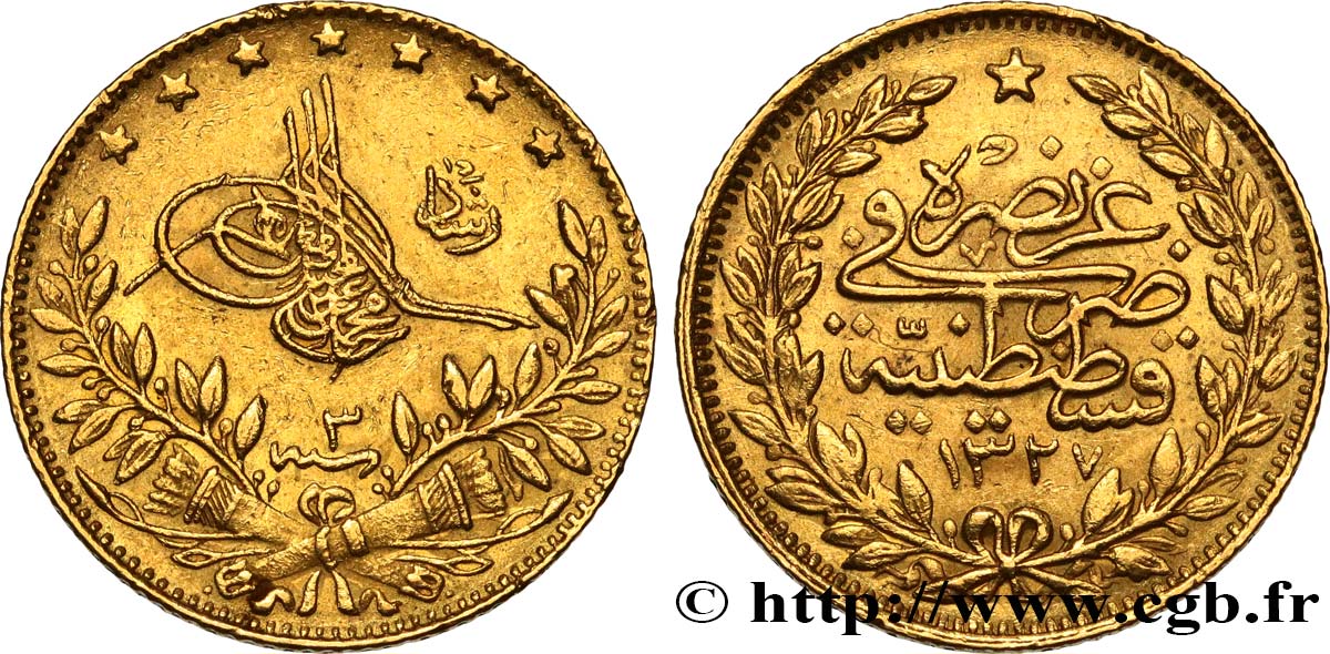 TURKEY 50 Kurush en or Sultan Mohammed V Resat AH 1327, An 3 1911 Constantinople XF 