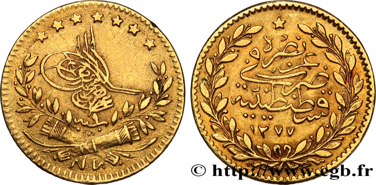 TURQUIE 25 Kurush Sultan Abdul Aziz AH 1277 an 9 (1869) Constantinople TB+ 