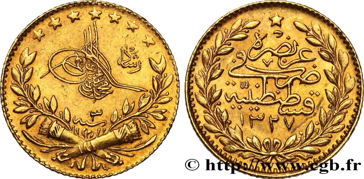 TURQUíA 25 Kurush en or Sultan Mohammed V Resat AH 1327 An 3 1911 Constantinople EBC 