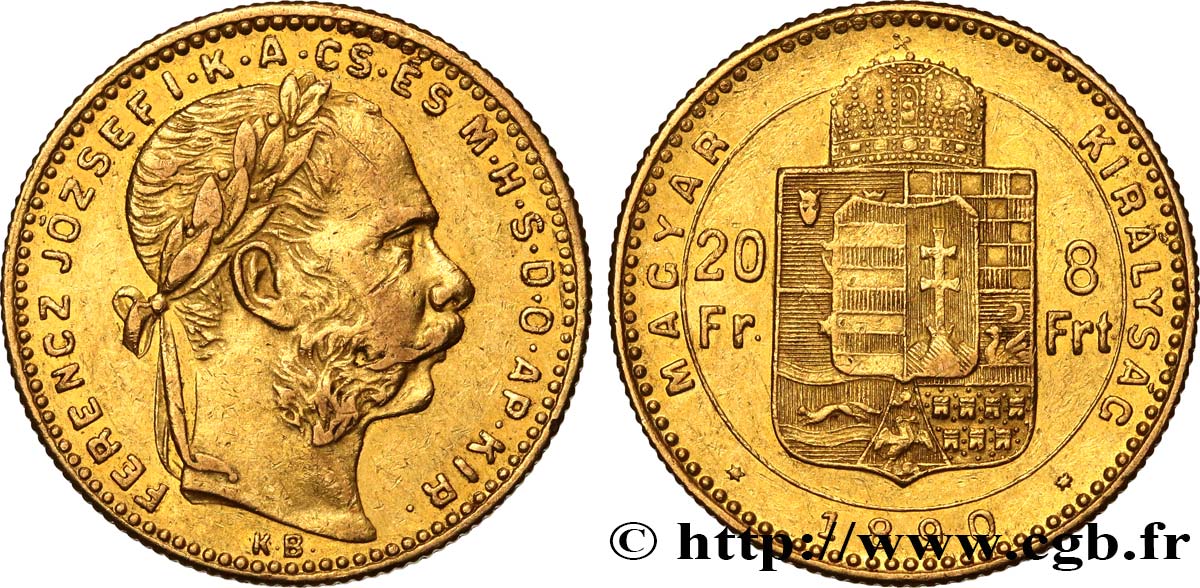 UNGARN 20 Francs or ou 8 Forint, 2e type François-Joseph Ier 1890 Kremnitz SS/VZ 