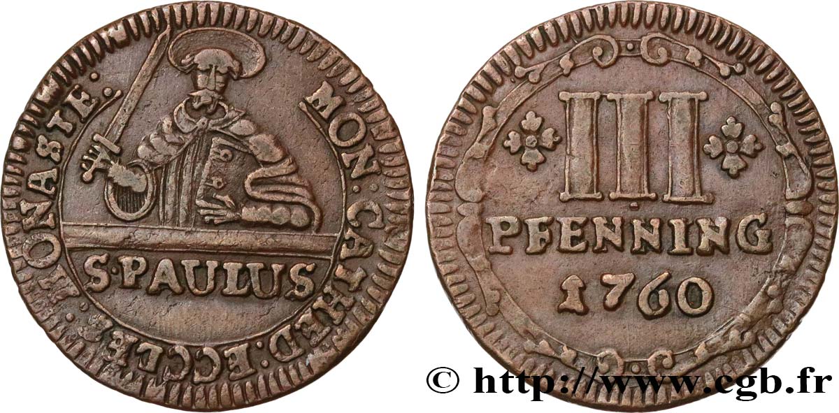 ALLEMAGNE - MUNSTER 3 Pfenning Chapitre de la Cathédrale de Munster 1760  TTB+ 