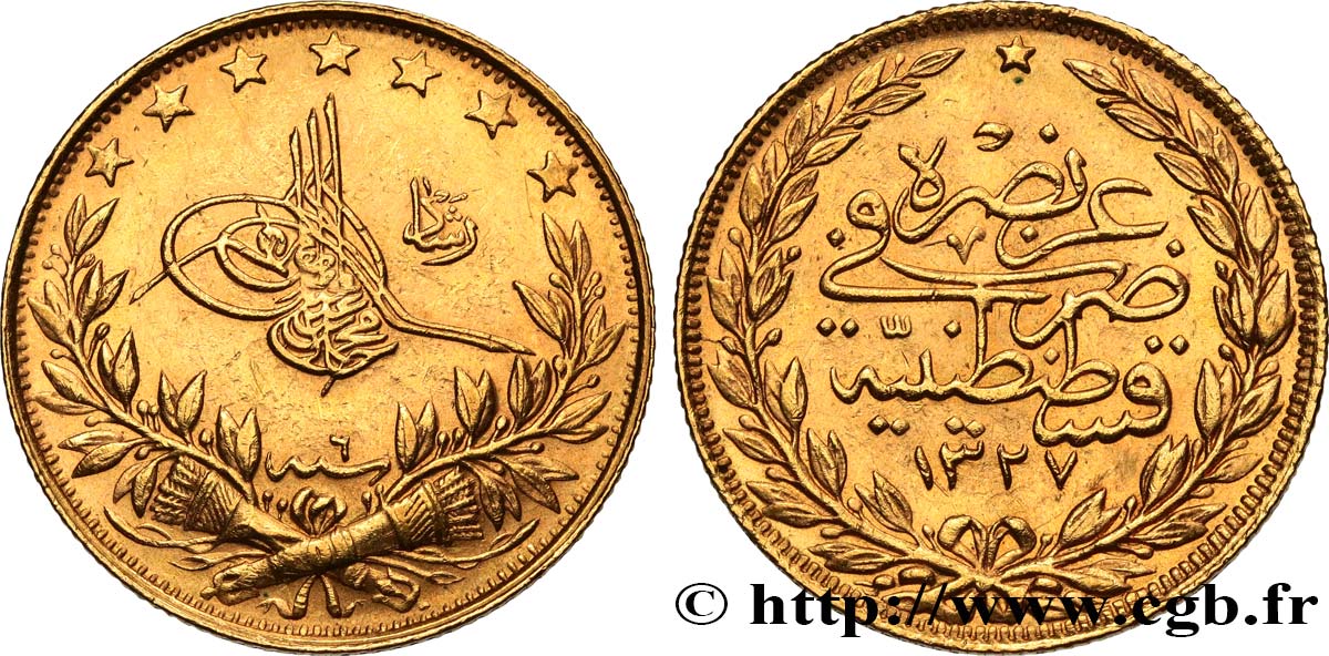 TURQUíA 100 Kurush Sultan Mohammed V Resat AH 1327 An 6 1914 Constantinople MBC+ 