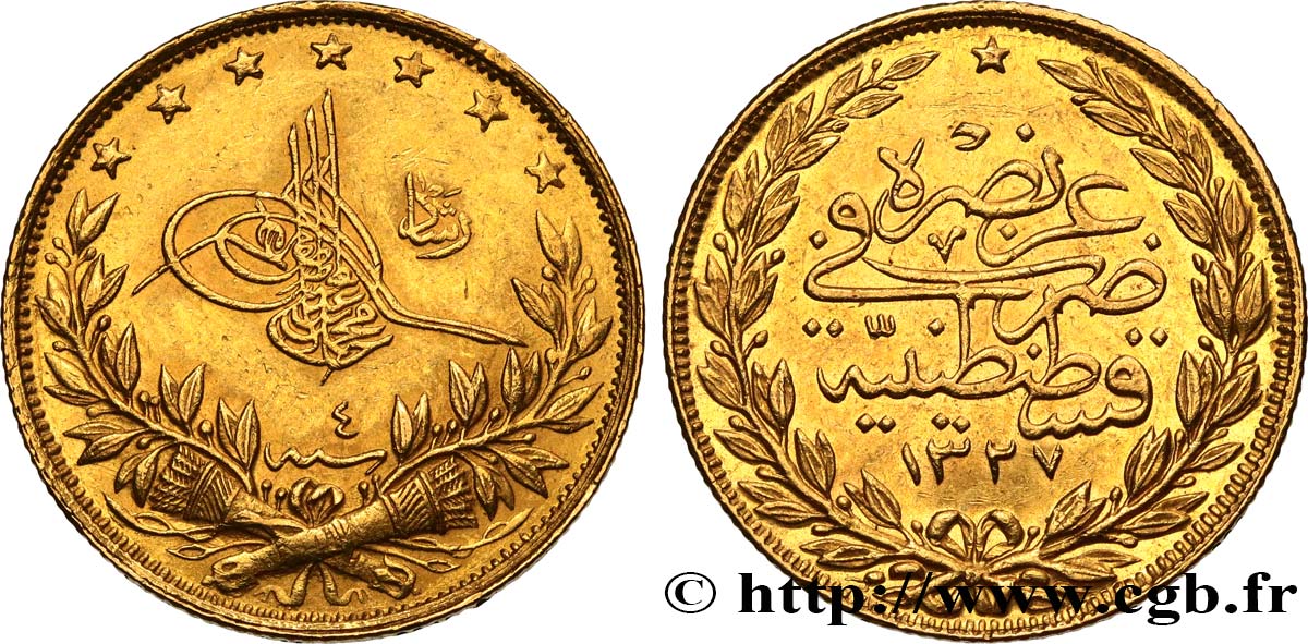 TURQUIE 100 Kurush Sultan Mohammed V Resat AH 1327 An 4 1912 Constantinople TTB+ 